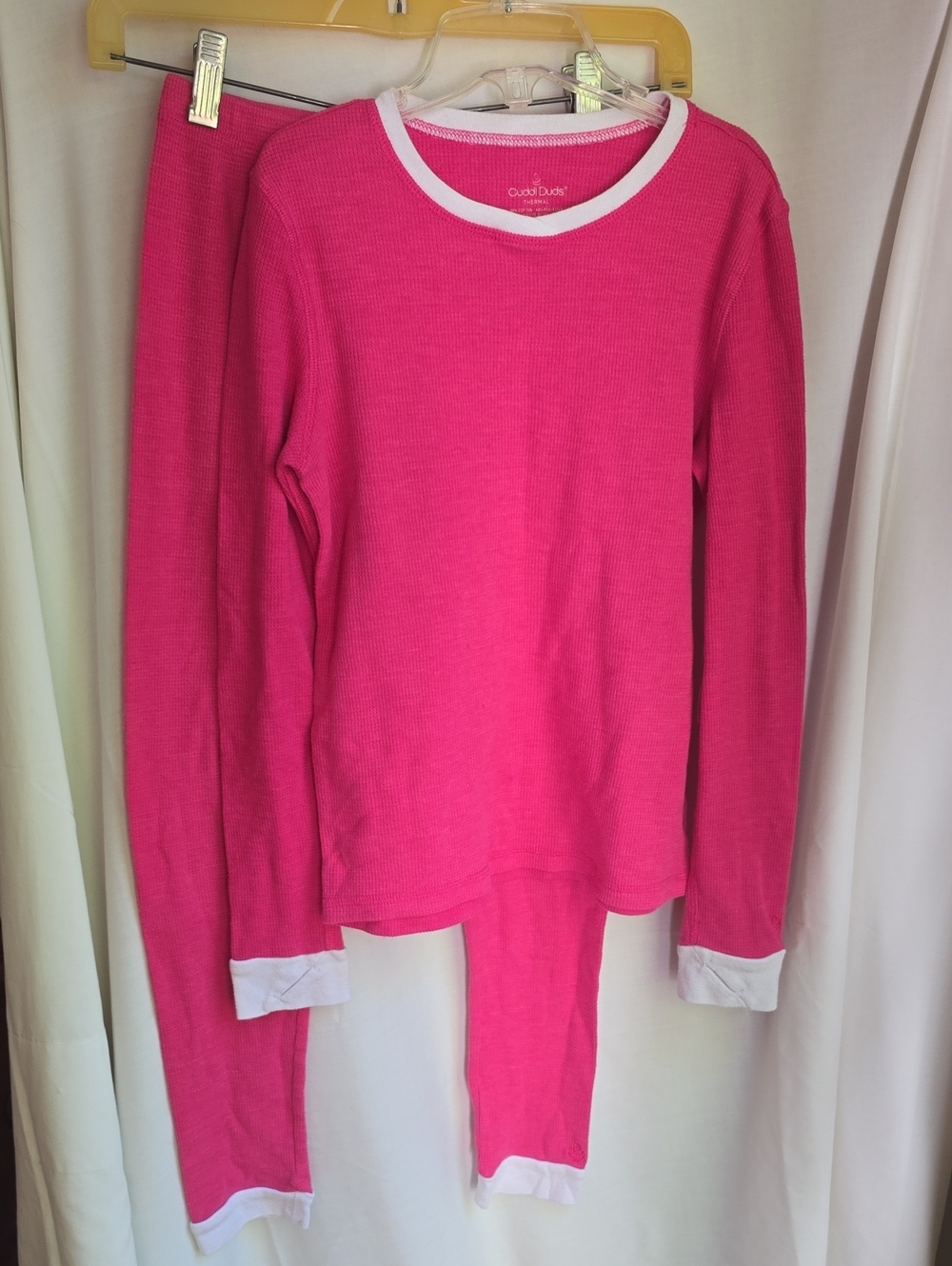 Cuddl Duds Bright Pink Thermal Pajama Set with White Trim